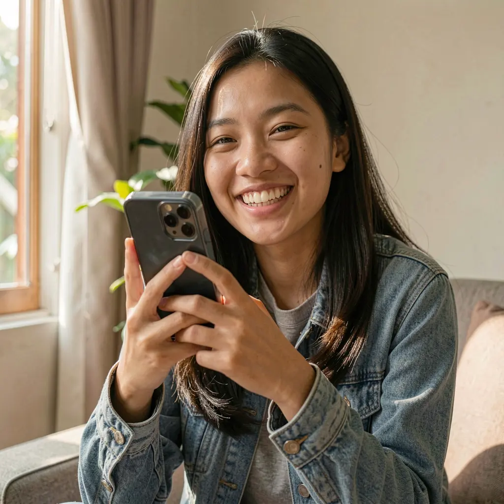 TYAMBA App – Play your favorite casino games on mobile in the Philippines Smiling Filipino woman holding her phone with the TYAMBA app open enjoying modern mobile casino entertainment