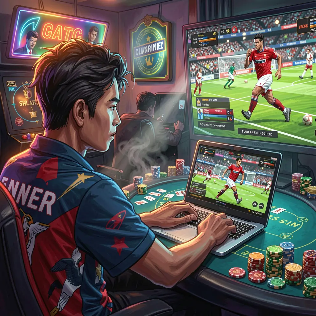 TYAMBA – Place live sports bets with confidence in the Philippines Focused Filipino bettor using a laptop to place live sports bets on TYAMBA while watching an intense football match on TV