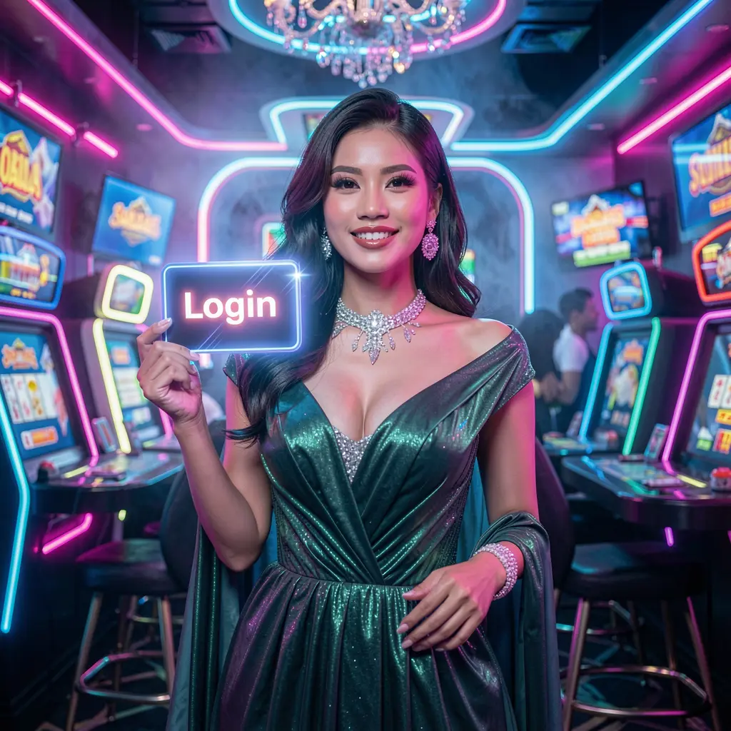 TYAMBA Login – Safe and smooth account access for players in the Philippines A confident Filipino woman in an elegant dress holding a glowing login card inside a futuristic casino environment at TYAMBA Philippines